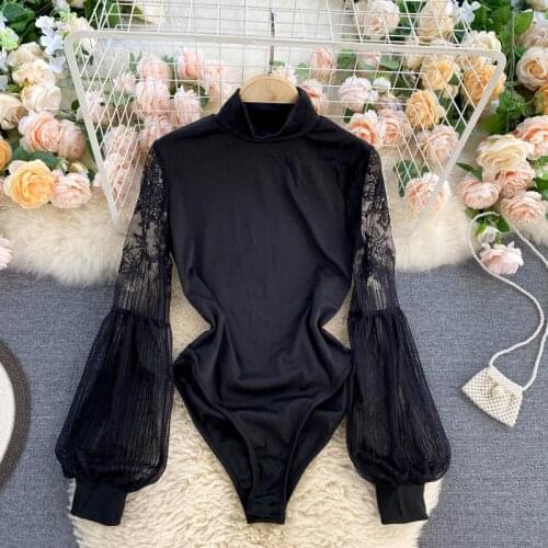 Womens turtleneck lace lantern sleeve shirt sexy hollow out Ins fashion design lace stitching blouse elegant ladies tops new