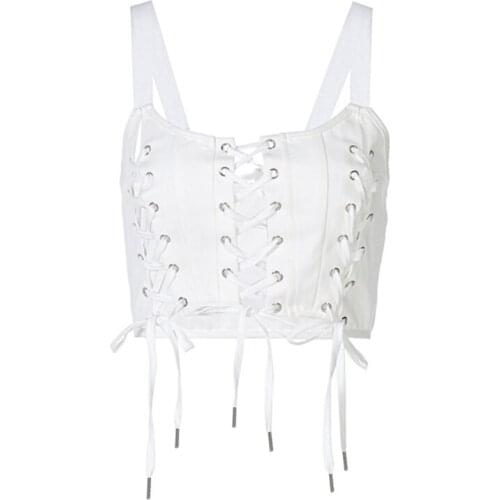Women Punk Sleeveless White Crop Top Sexy Hollow Cross Lace-Up Corset Camis Vest Q39C