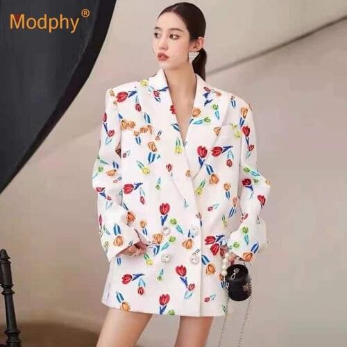 New Arrival Floral Print Loose Blazer 2021 Autumn Trendy Design Women All-Match Jacket Double-Breasted Suit Coat Female