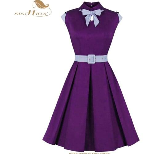 SISHION 50s 60s Hepburn Style Elegant Vintage Dress with Belt VD2055 Patchwork Tunic estidos Summer Cotton Women Dress