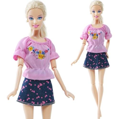 BJDBUS Handmade Doll Dress Daily Casual Wear Flowers Pattern Blouse T-shirt Denim Skirt Clothes for Barbie Doll Accessories Toy