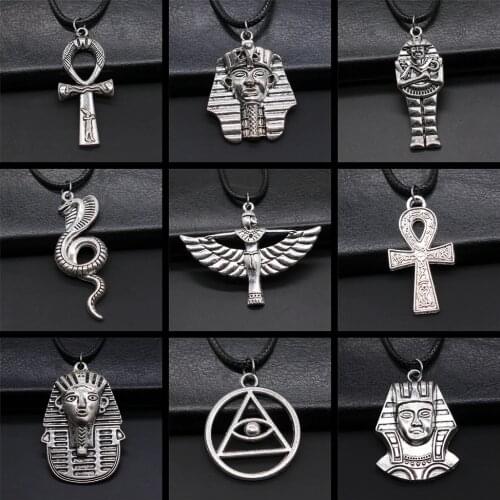 Black Leather Chian Necklace Ancient Egyptian Pharaoh The Eye Of Horus Ankh Cross Amulet Pendant Necklaces Jewelry Gifts