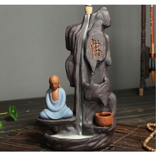 Home Decor Buddhism Incense Burner Rockery Buddha Monk Bullet Blackflow Incense Cones Burner Smoke Ceramic Censer Burner