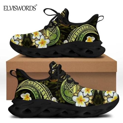 ELVISWORDS Samoa Tribal Design Womens Shoes Plumeria Flowers Print Black Sport Sneaker Non-slip Outdoor Footwear Lightweight