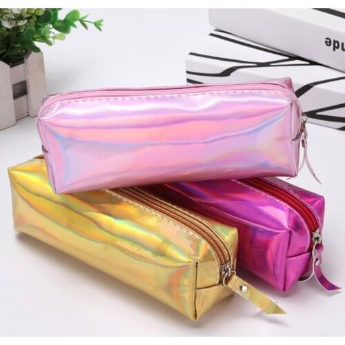 1 Holographic Metallic Color Laser PU Leather Pencil Bag Woman Cosmetic Makeup Handbag Purse School Office Stationery Pencilcase
