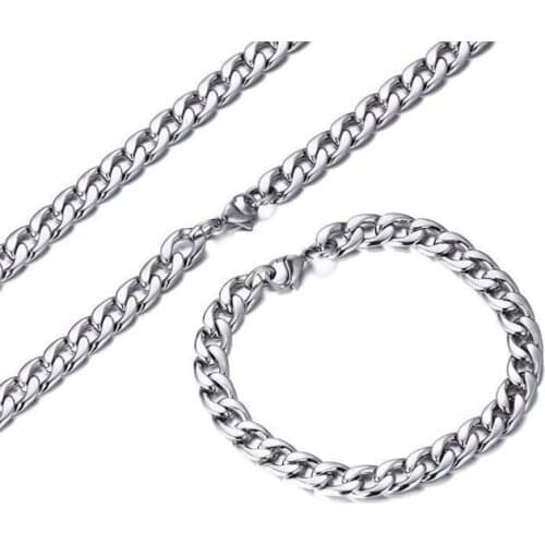 GNAYY Jewelry set High Polished Stainless Steel 7mm NK 1:1 Curb Chain Necklace + Bracelet Set For Mens Boys