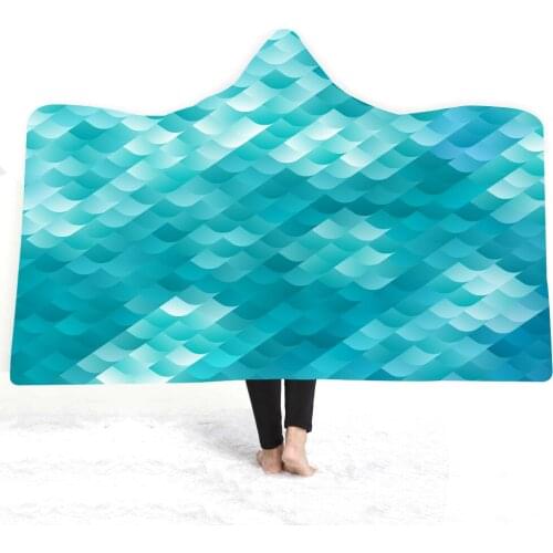 Colorful Fish Scales Hooded Blanket Sherpa Fleece Ocean Blue Wearable Plush Throw Blanket On Bed Sofa Thick Warm