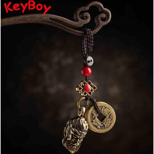 Brass Fighting Buddha Car Key Chains Pendants Vintage Handmade Woven Rope Five Emperors Coins Lanyard Keyrings Hangings Jewelry