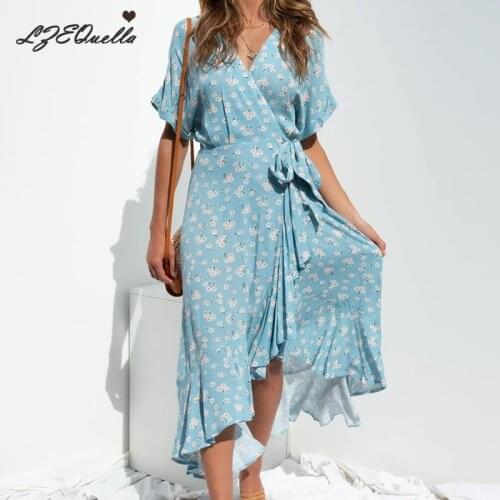 Summer Boho Dress Women Sexy Beach Sundress Floral Print Split Ruffles Dresses Party Holiday V neck Sashes Long Dresses NZ3573