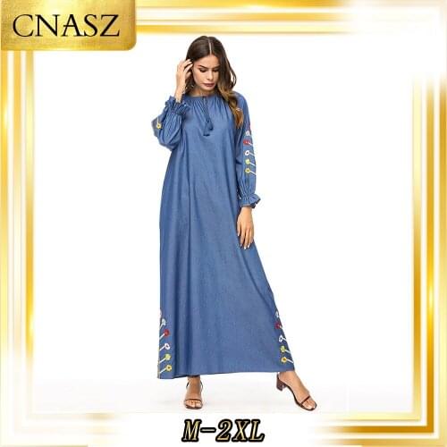 Muslim Dress Abaya Femme Mroccan Kaftan Gown Fashion Simple Denim Embroidered Long Sleeve Mumulmane Femme Dress