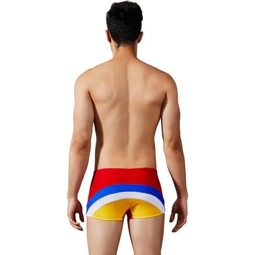 Mens Swimsuits Fashion Color Matching Rainbow Boxer Swimming Trunks Trendy Close-fitting Shorts Swim Brief Gay Swimwear