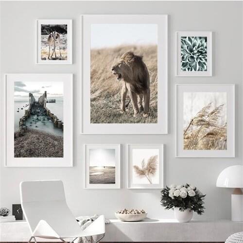 Wild Lion Antelope Sunny Beach Reed Grass Wall Art Canvas Painting Nordic Posters And Prints Wall Pictures For Living Room Decor