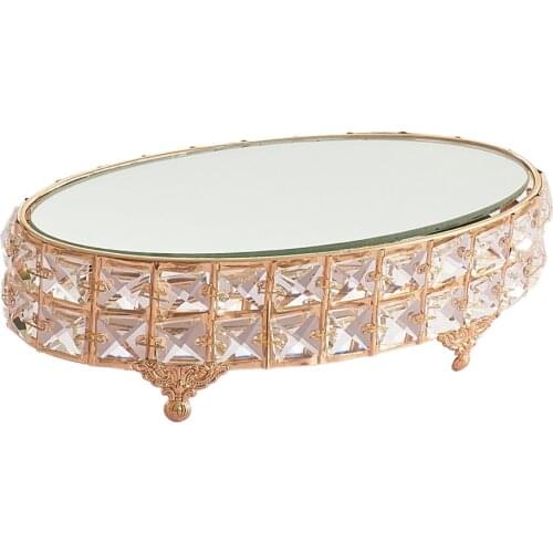 Oval Mirror-top Cake Stand Fruit Dessert Tray Crystal Metal Pedestal Gold