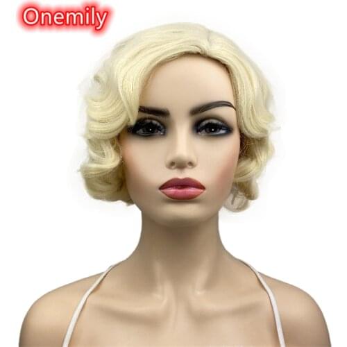Onemily Vintage Short Curly Finger Wavy Flapper Heat Resistant Synthetic Hair Wigs for Women Girls Party Evening Out Fun Blonde