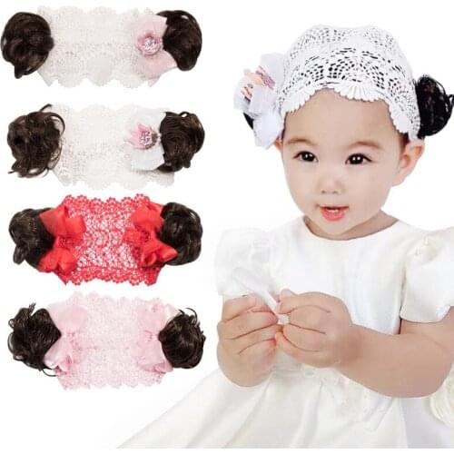 Cute baby Hair Accessories Crown Lace Flower headband with Wig baby girl Hairband Newborn Girl Elastic Hair Band Accessories