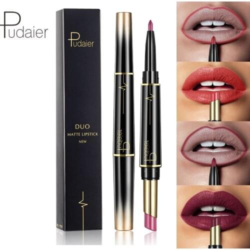 Pudaier two tone lipstick pencil 16 colors waterproof long lasting sexy red nude lip liner pencil velvet matte lipstick PD029