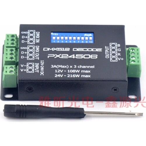 PX24506 DMX512 Decoder 3x3a Drives 9A RGB Amplifier Controller DC12V-24V