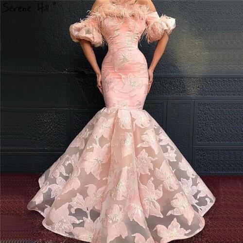 Serene Hill Pink Mermaid Off Shoulder Evening Gowns 2020 Feathers Flowers Sexy Formal Dress Long LA60945