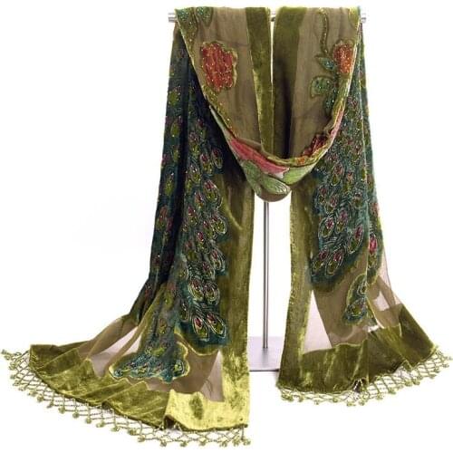 Fashion Green Womens Velvet Silk Beaded Embroidery Shawl Scarf Wrap Scarves Peafowl Mujer Bufanda Chal Size 50 x 190 cm Jsh001D