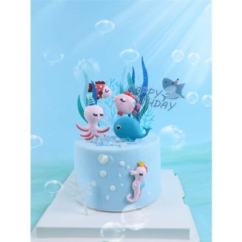 Cake Toppers Baking Cake Decoration Underwater World Soft Pottery Octopus Seahorse Whale Plug-in Happy Birthday Party Dress Up