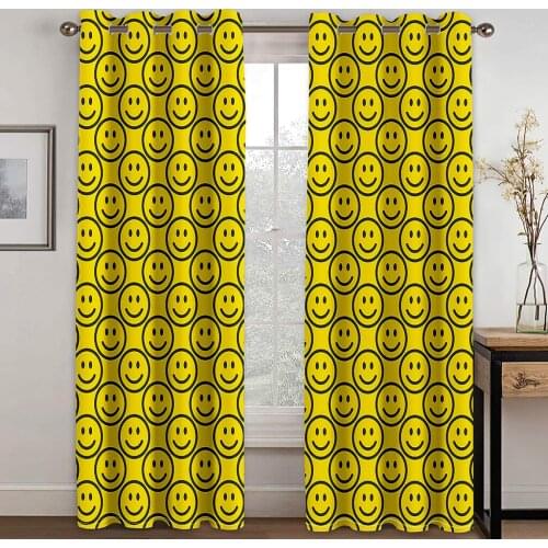 Yellow Smiley Face Print Perforated Blackout Curtains for Living Room Bedroom Curtains Blackout 90% Machine Washable