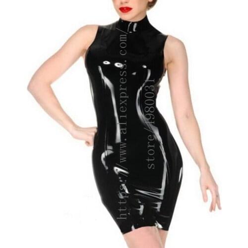 Made of 0.4mm thickness natural latex womens black sleeveless latex dress bondage with back zip decorations