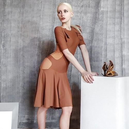 2021 New TL665 Latin Dance Dress Women Half Sleeve Patchwork and Lotus Design Dancing Performance Dress for Ballroom Samba Tango