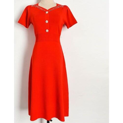 Runway Elegant Red Dress 2020 New Spring Summer Dress Office Ladies Beaded V Collar Puff Sleeve High Waist Knit Dress Midi Falda