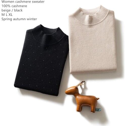 Naizaiga 100% cashmere Mock-neck solid beading black beige long sleeve worsted thick winter warm women pullovers , NSBL22
