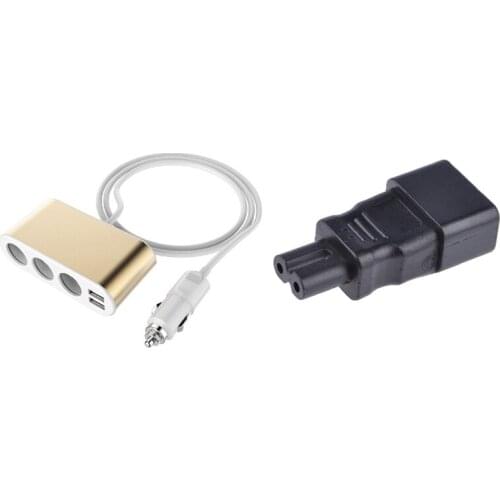 IEC 320 C14 Male To C7 Female Power Adapter With USB Car Charger, Cigarette-Lighter Adapter 3 Socket