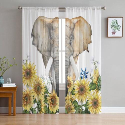 Elephant Sunflower Flower White Sheer Curtains for Living Room Bedroom Kitchen Tulle for Windows Voile Drapes Home Decoration