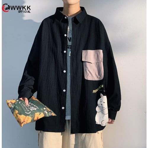 Mens Loose Color matching pocket Blouse Spring Long Sleeve Student printing Blouses Casual Vintage male Tops Shirt Black Tops