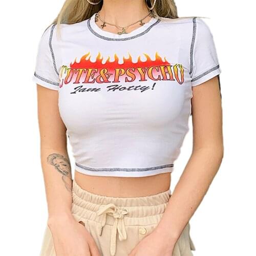 Brand New Women Sexy Short Sleeve Letter Printed Crop Top Summer Fashion Round Neck Slim Tops Casual Tight Outfits