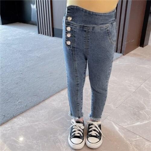 2021 spring new boys and girls fashion four button high elastic jeans childrens solid color skinny jeans pants