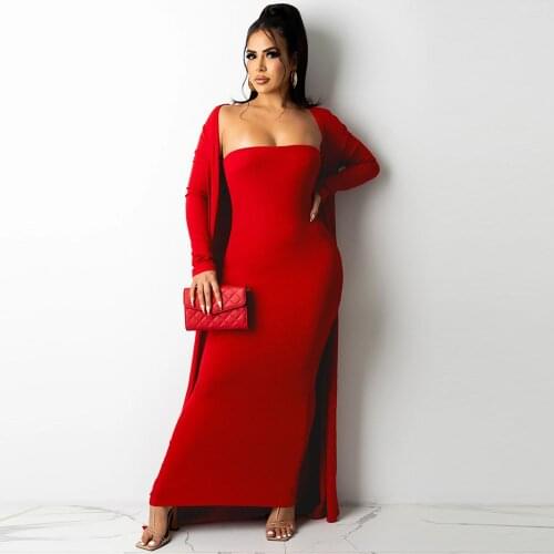 Elegant Womens Tracksuit Two Piece Matching Set Strapless Bandage Long Dress+extra-long Open Stitch Office Lady Club Outfits