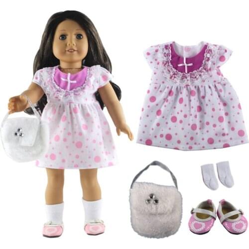 Hot sell! 1 set Leisure handmade dress clothes outfit Princess skirt for 18"American Doll+Shoes+Bag+Socks L19