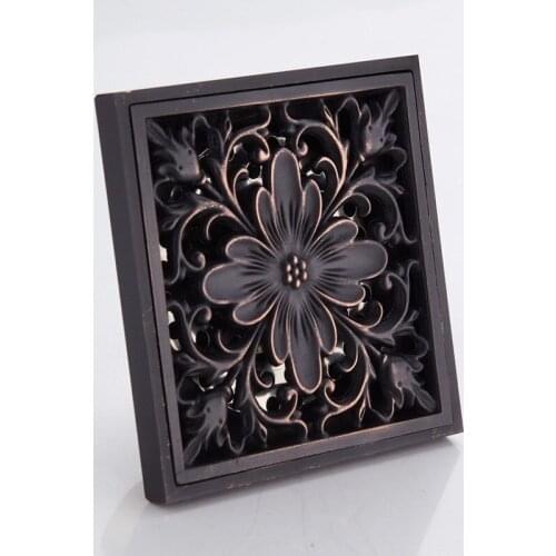 Drain 10cm Square Black Brass Shower Drain Strainer Floor Cover Art Carved Balcony Bathroom bath Accessories Grate Waste WY817