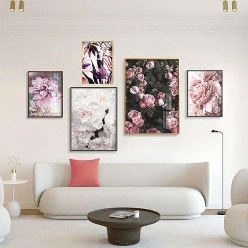 Fashion Poster Pink Rose Peony Art Print Feather Flower Modern Painting Nordic Style Wall Pictures for Living Room Home Decor