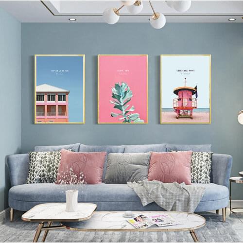 Pink House Plants Canvas Art Nordic Poster Lighthouse Scenery Home Decorative Print Wall Art Painting Scandinavian DecorPicture