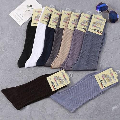 Mens Soft Nylon Transparent Mesh Socks Business Men Tube Ultra-thin Elastic Silky Basic Color Striped Long Socks