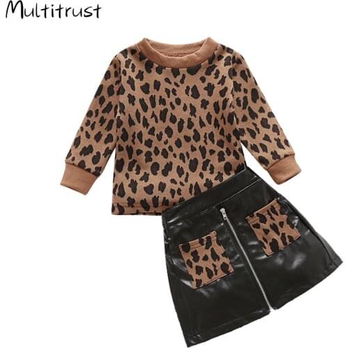 2020 Autumn Toddler Kids Baby Girls Clothes Leopard Print Pullover Sweatshirts Sweater+Zipper PU Leather Skirts Warm Outfits