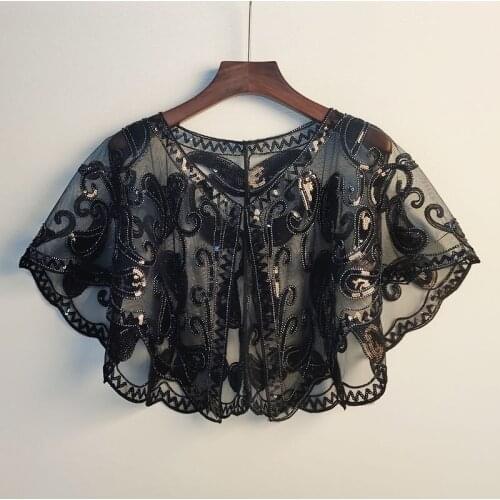 Womens 1920s Shawl Wrap Art Deco Sequin Beaded Evening Cape Bolero Flapper Cover Up Breathable Mesh 4435