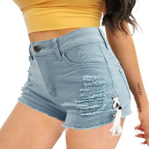 Summer Candy Color Denim Shorts Women High Waist Ripped Hole Tassel Lace Up Jean Shorts Female Sexy Side Split Bandage Shorts