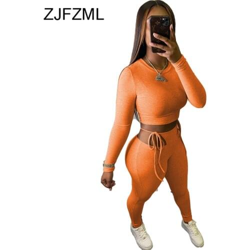 Elastic Hight Ribbed Fitness Tracksuits Woment Two Piece Set Long Sleeve Bandage Crop Top and Side Hollow Pencil Pant Sweatsuit