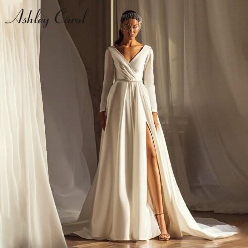 Ashley Carol A-Line Wedding Dress 2021 Classy V-Neck Long Sleeve Satin Vintage Bride Beaded Crystal Sashes Slit-Hem Bridal Gowns