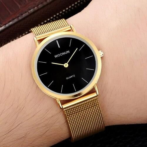 WOONUN Mens Watches Top Brand Luxury Gold Watch Men Full Steel Mesh Strap Quartz Ultra Thin Watches for Men Relogio Masculino