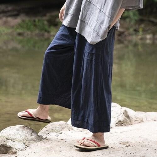 QPFJQD Ladies Autumn Summer Elastic Waist Casual Pocket Pants Retro Women 2021 Cotton Linen Oversize Trousers