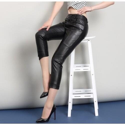 Women Fashion Sexy High Waist Sheep Leather Pants Black Slim Stretchy Skinny Shiny Real Leather Leggings Trouser