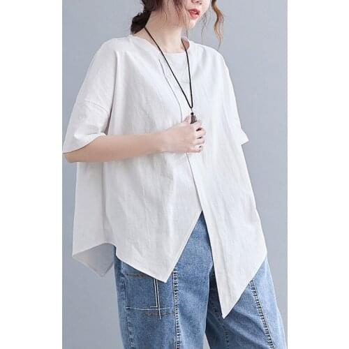 Women Chinese Style Short Sleeve Shirts O-Neck Casual Summer Blouses 2021 New Loose Vintage Tops Brief Irregular Shirt 30766