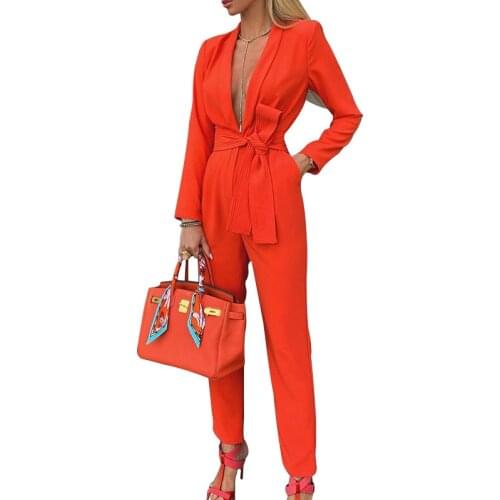 Lady Office Elegant Pockets Long Sleeve Romper Women Sexy Playsuits Fashion Party Club Red Bandage Lace-Up Deep V Neck Jumpsuit